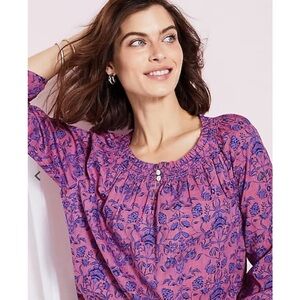 J. Jill Smocked Floral Purple Peasant Blouse 100% Cotton Size XL NWT ✨